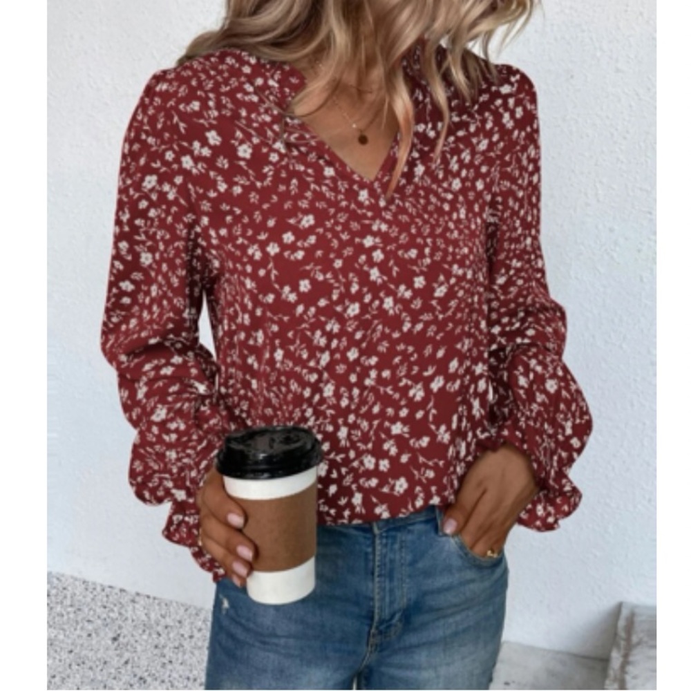 Boho floral print flounce sleeve blouse - Picture 5 of 6